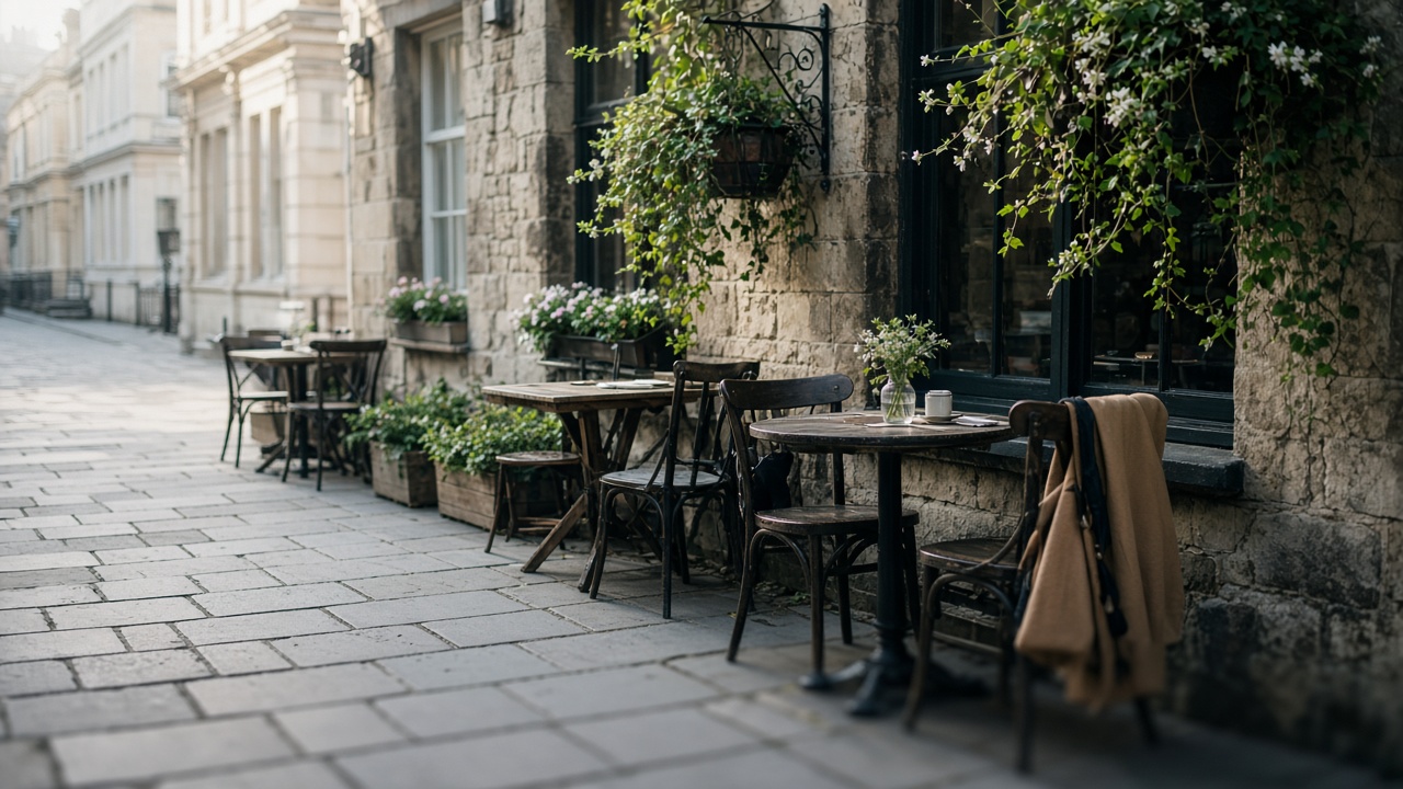Empty café tables on a quiet stone street, with flowers in the window.