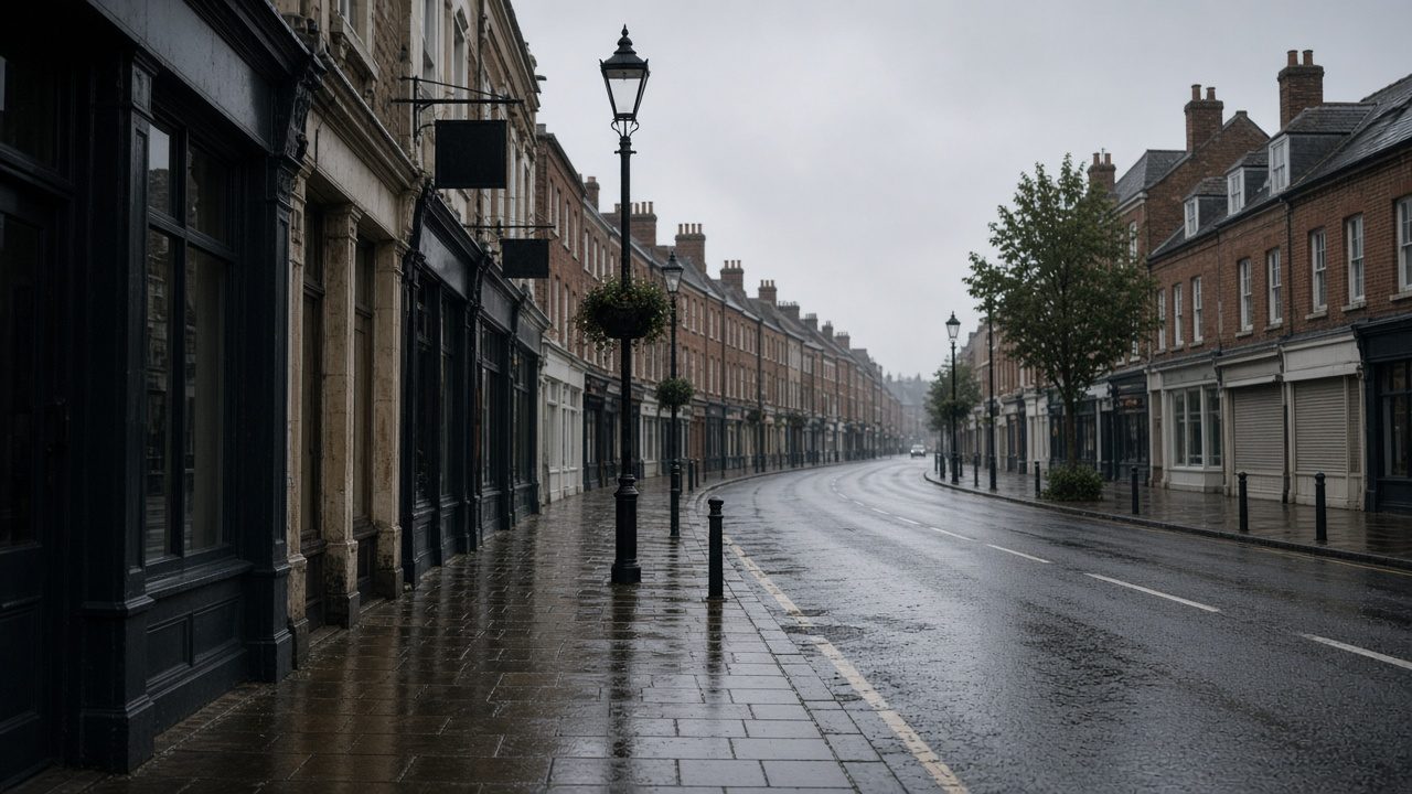 A quiet high street in the early morning, the shops still shut.