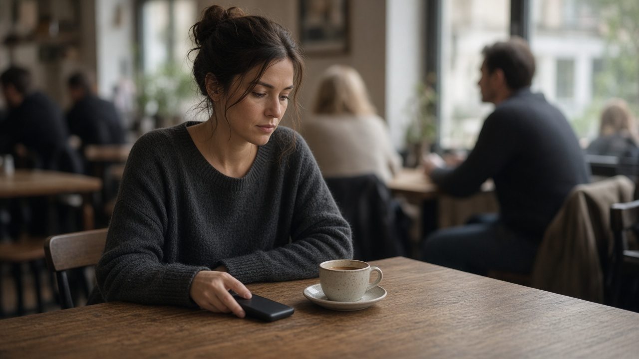 A woman in a busy café, her phone face down beside a coffee.