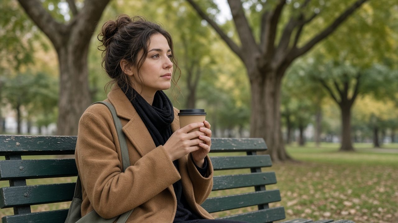 A woman on a park bench with a coffee, in the daytime.