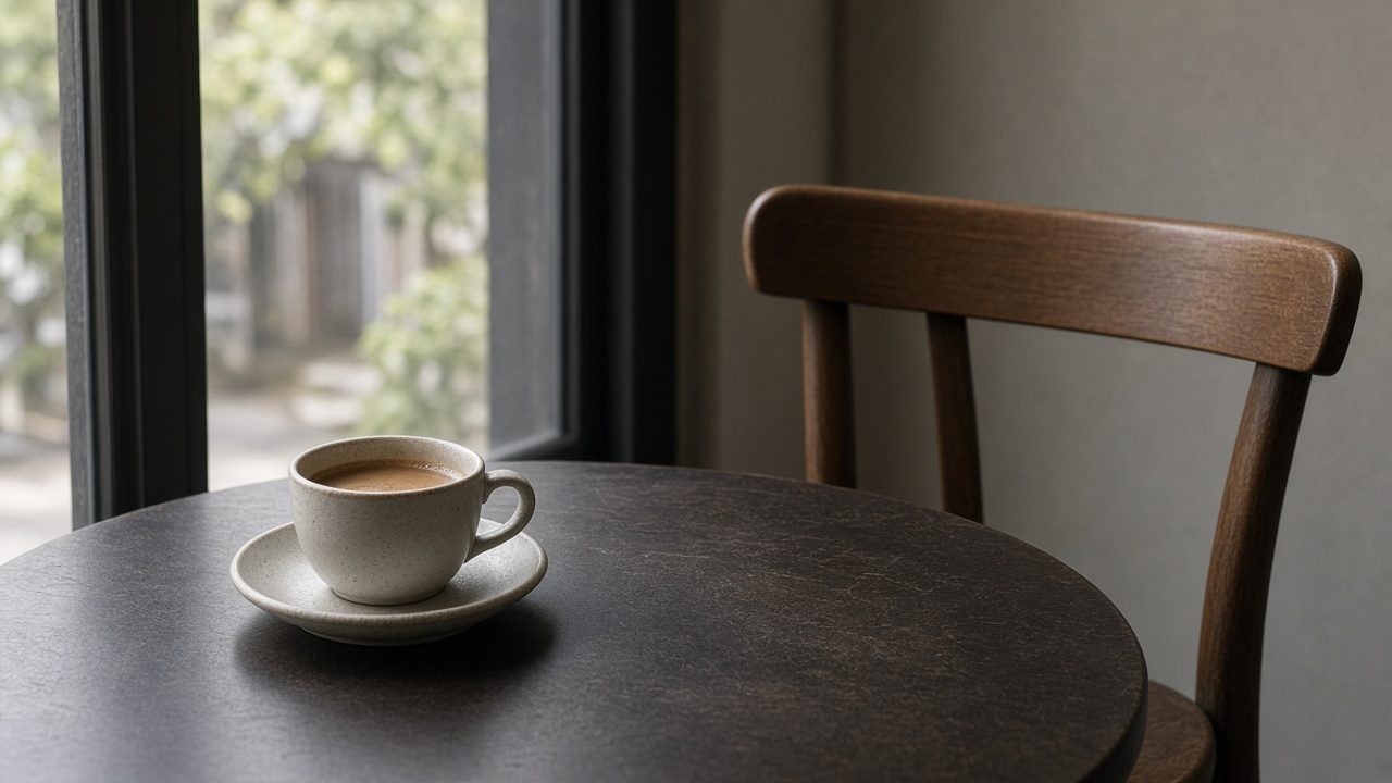 One coffee by a window, with an empty chair opposite.
