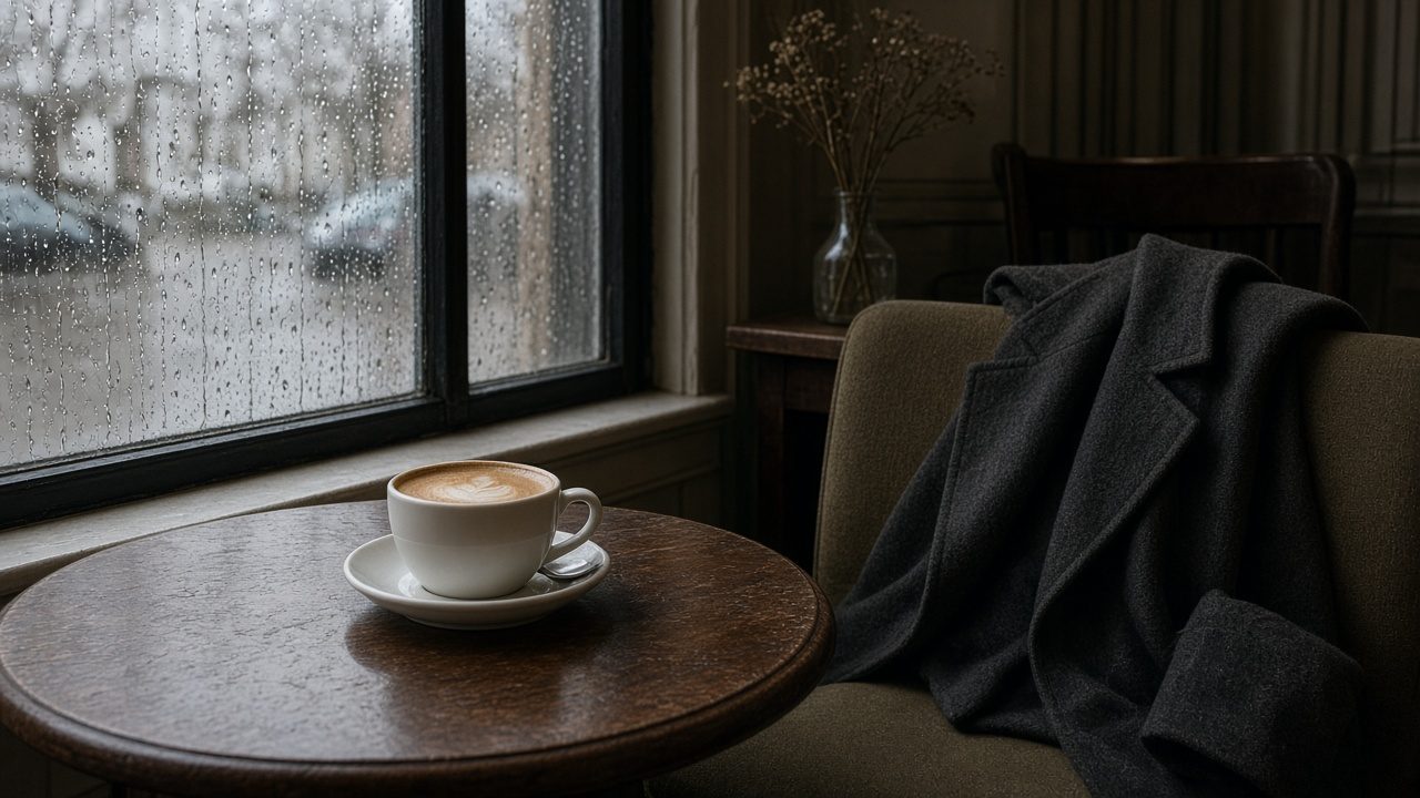 A rainy café window, one coffee, and a coat on the empty seat.