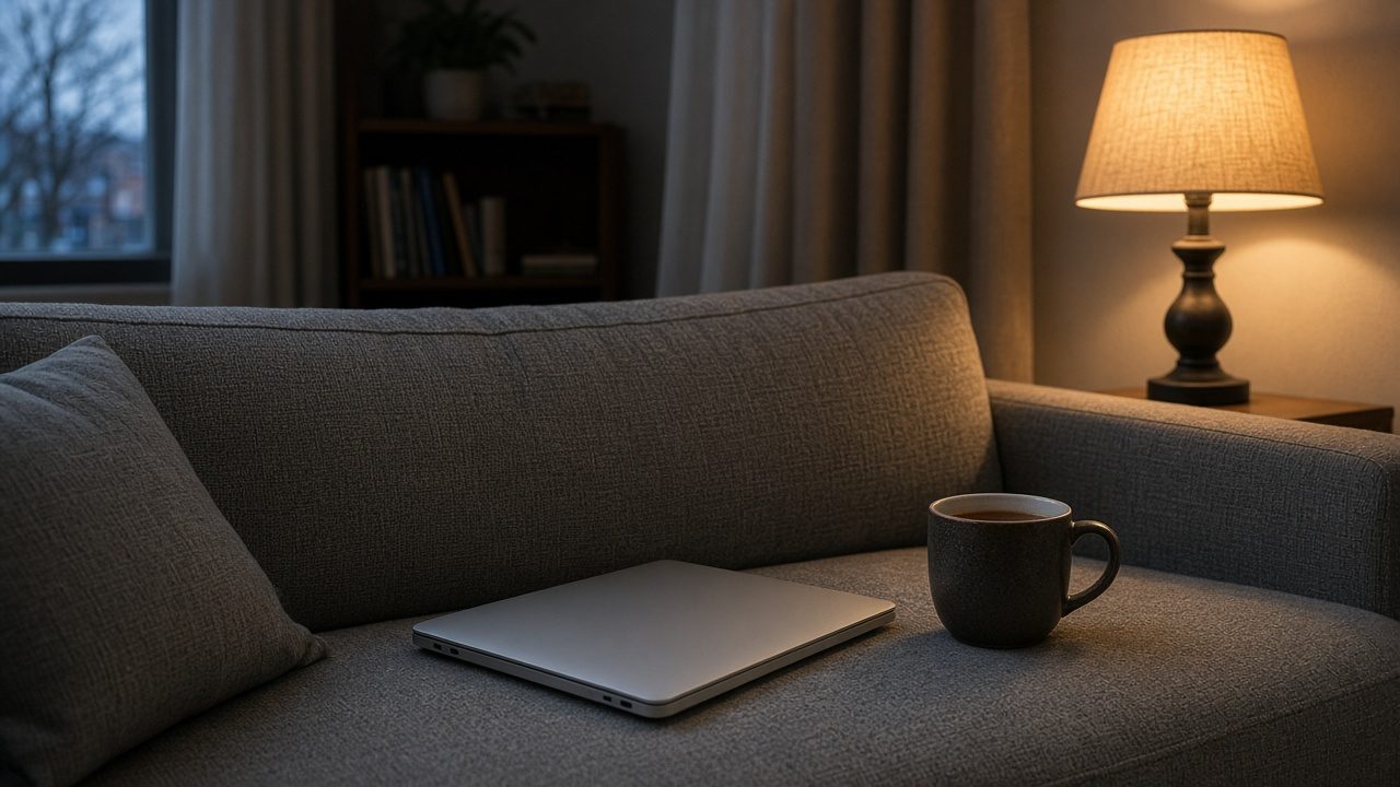 A closed laptop and a mug of tea on a sofa in the evening.
