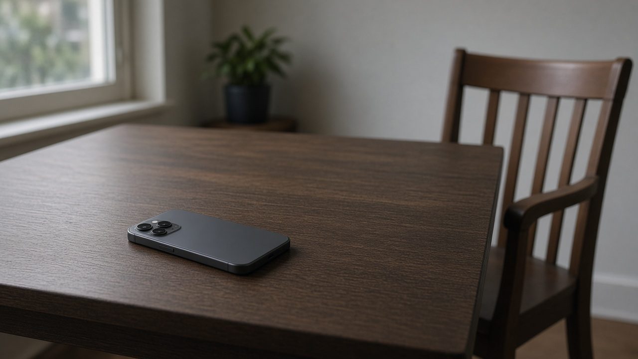 A phone turned face down, with an empty chair pulled back.