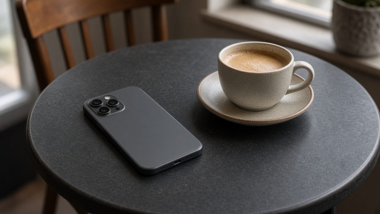 A phone lying face down beside one coffee on a café table.