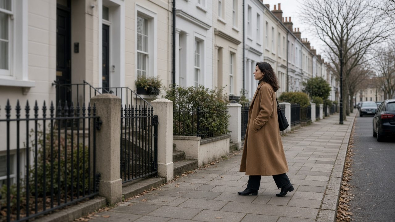 A woman walking alone along a quiet street in the daytime.