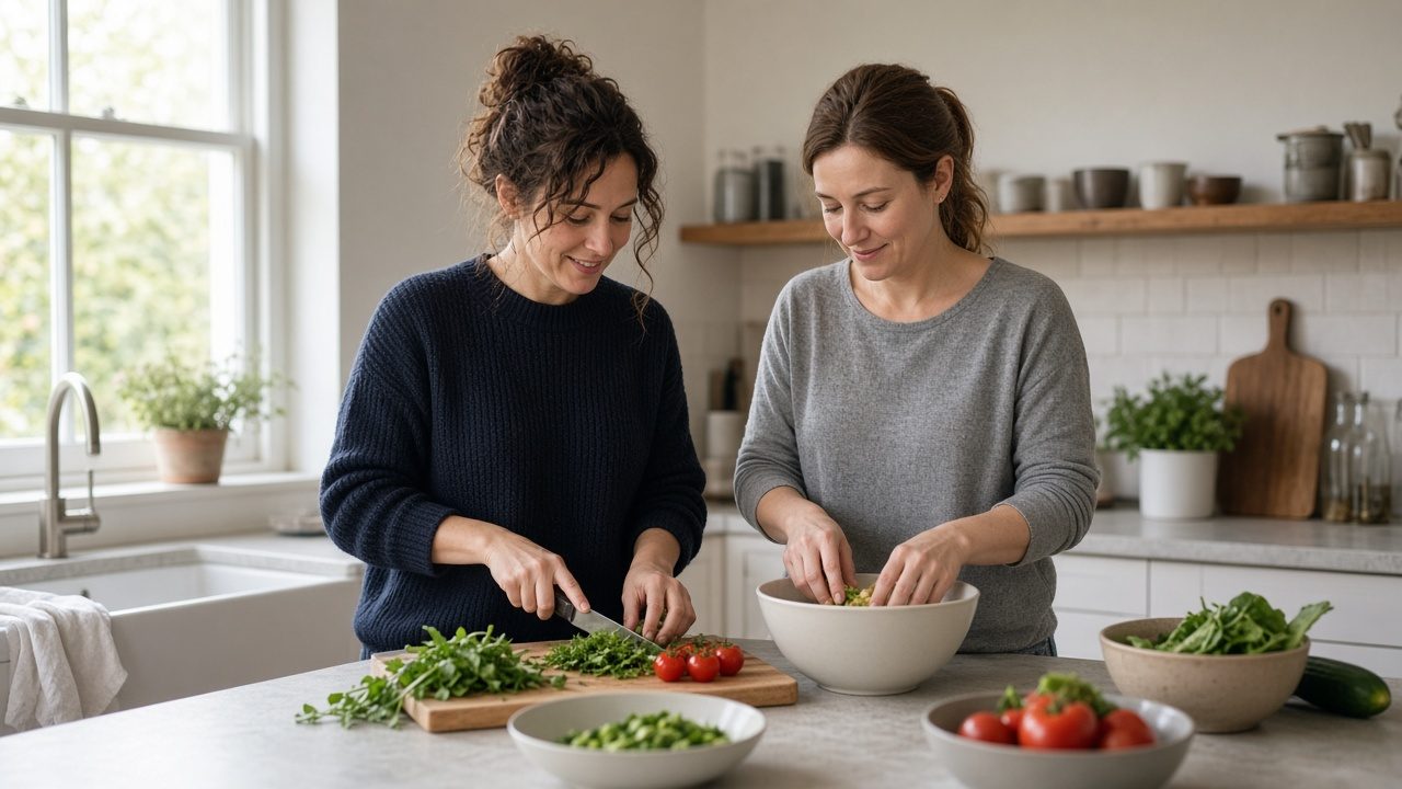 Two women cooking together at a bright kitchen counter.