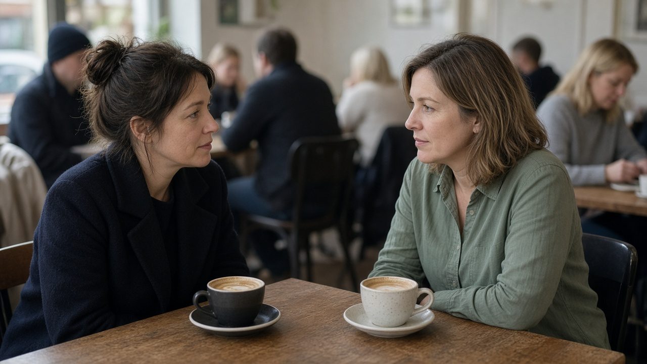 Two women at a table in a busy daytime café.