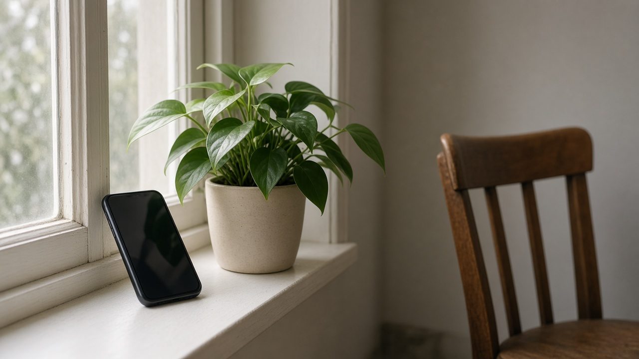 A phone propped by a window, next to a plant and an empty chair.