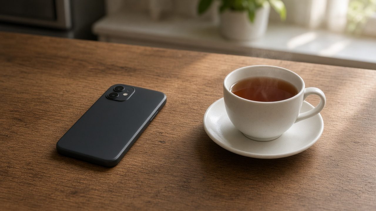 A phone lying face down beside an untouched cup of tea.