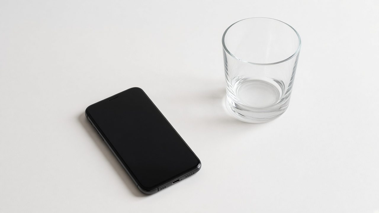 A phone with a blank screen beside an empty glass.