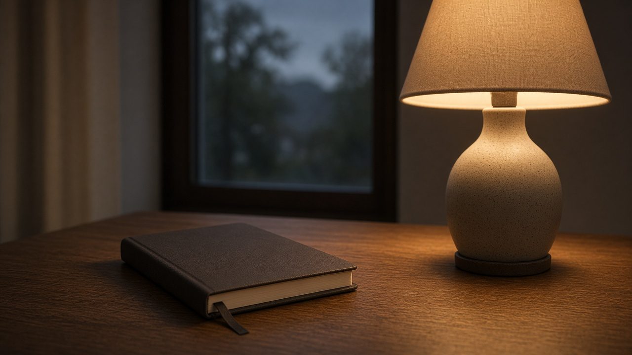 A closed notebook and a lamp on a wooden desk.