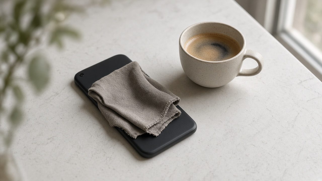 A phone with the camera covered, beside a coffee.