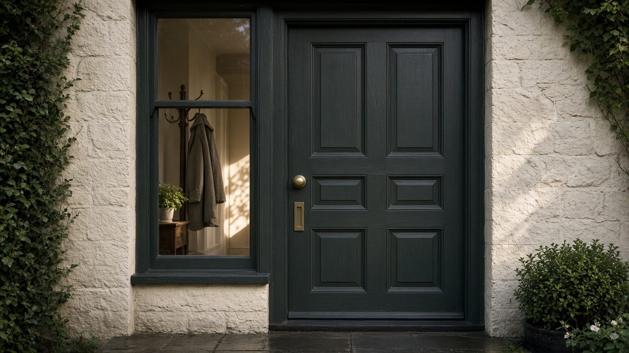A closed front door, with one coat on a hook inside.