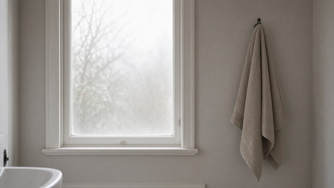 Morning light through a frosted window, a towel on a hook.
