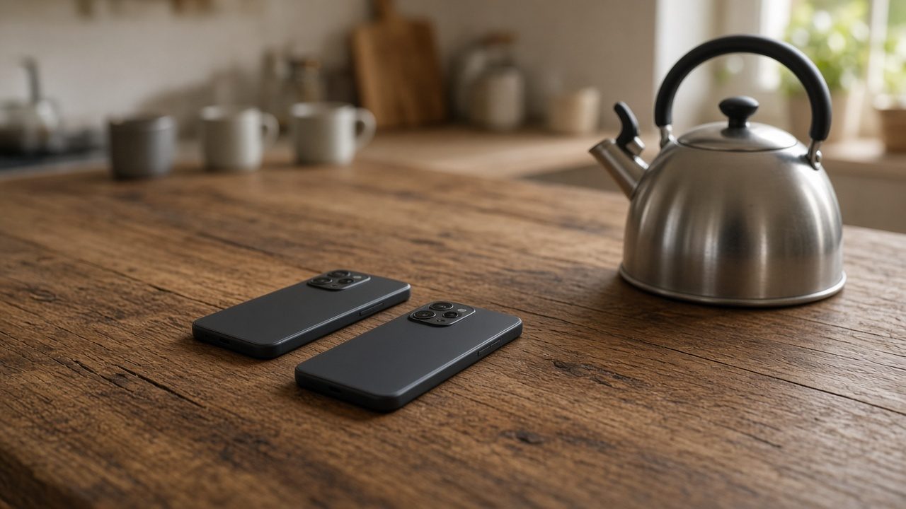 Two phones lying face down beside a kettle.