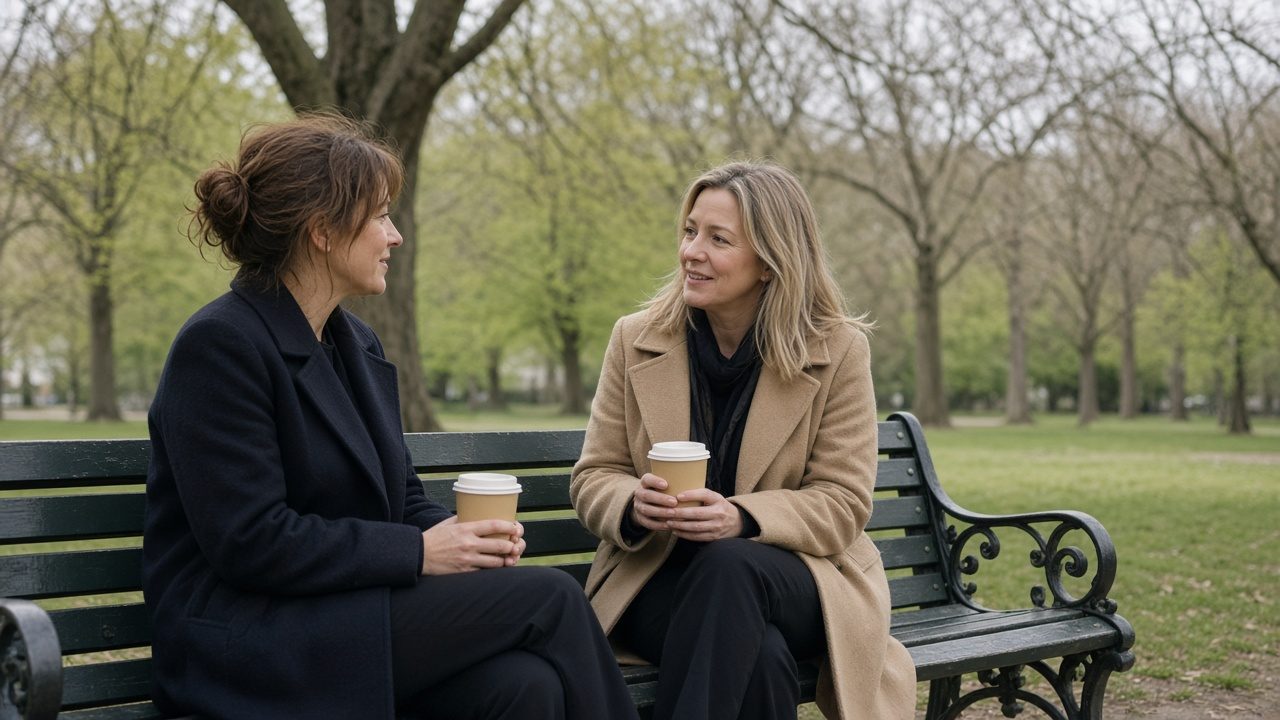 Two women on a park bench with takeaway coffees, talking.