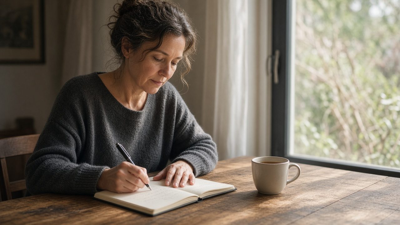 A woman writing in a notebook at a sunlit table.