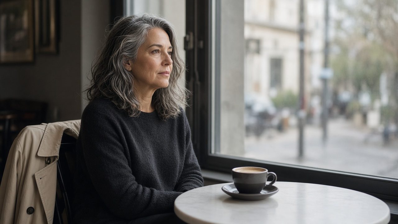 A woman at a bright café table, one coffee, looking out of the window.