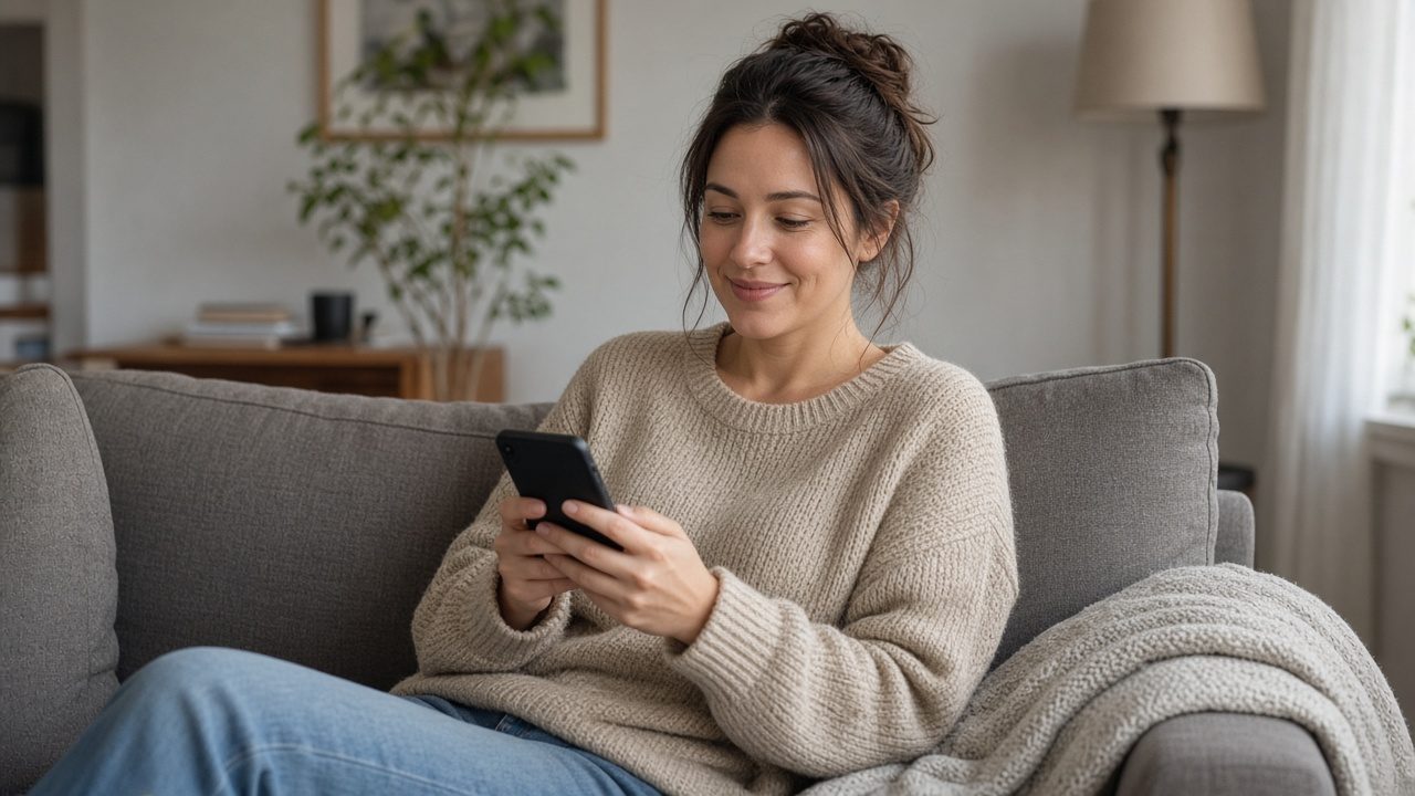 A woman on a sofa, about to send a message on her phone.